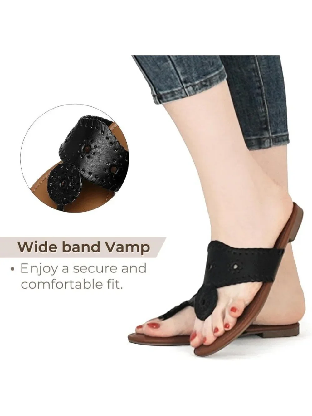 Women's Black Flats Wide Band Flip Flops Cushioned Insole Summer Brunch Sandals